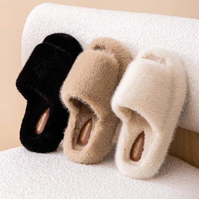 Fur Slippers Women Platform Autumn Winter Cozy Open Toe Breathable Living Room Shoes