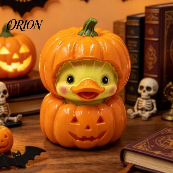 Compact Resin Sculpture for Windows Halloween Pumpkin Duck Ornament, Stacked Yellow Decorative Cartoon Figures Figurines, Cute Mini Desktop Decor Home