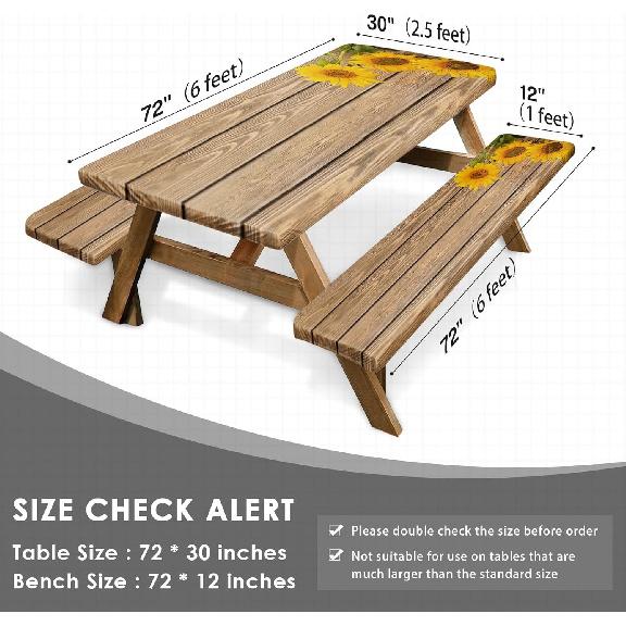 Sunflower Wooden Picnic Table Cover with Bench Covers, Rustic Summer Floral Farmhouse Outdoor Camping Essentials 6FT 3PCS Fitted Rectangle RV Must