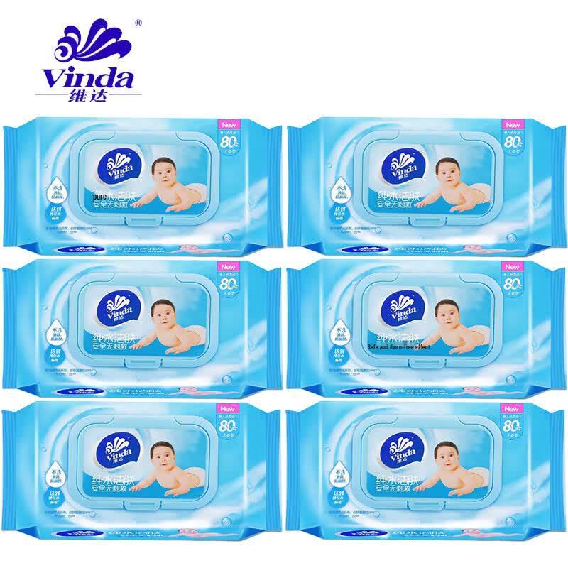 Vinda Baby Wipes, Pure Water, 80 Sheets x 6 Packs