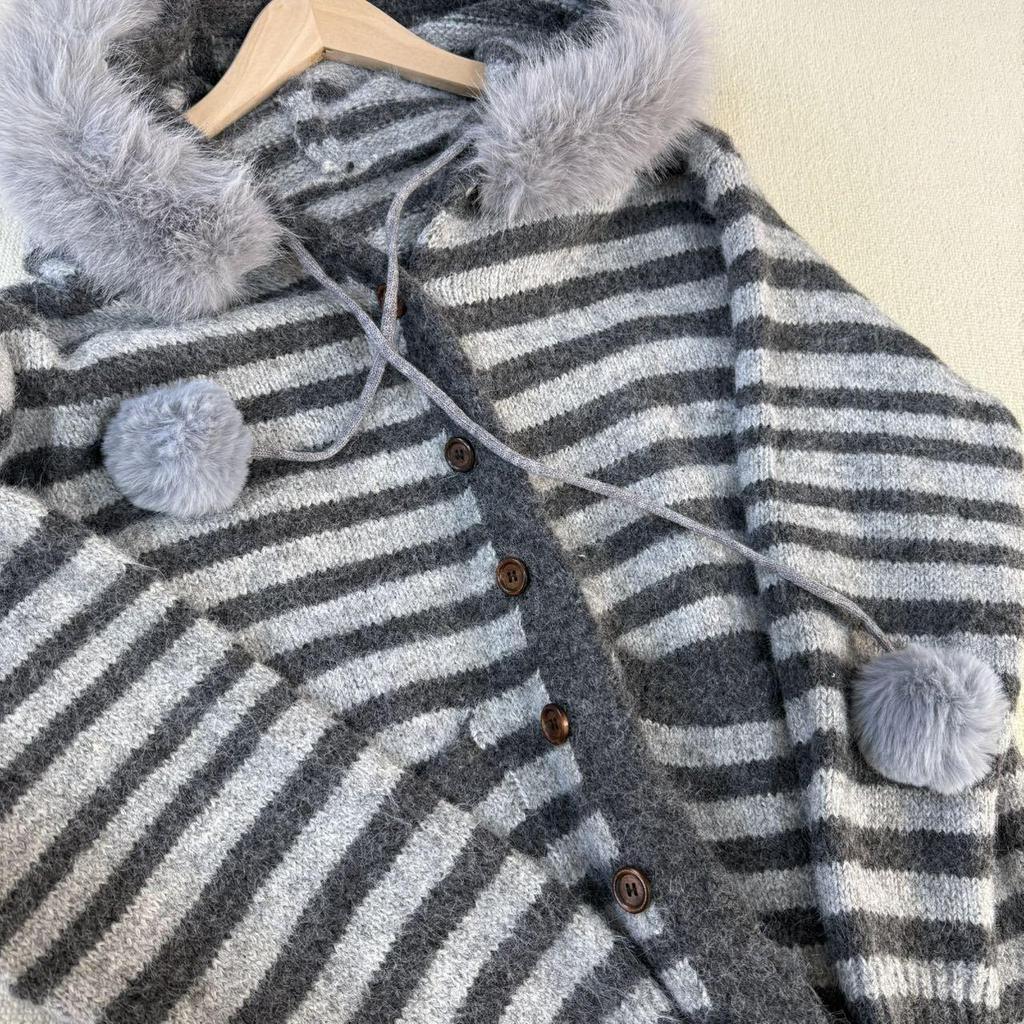 Available Now: Women's Mid-Length Striped Knit Cardigan with Hood and Large Fur Collar - Thickened for Autumn/Winter