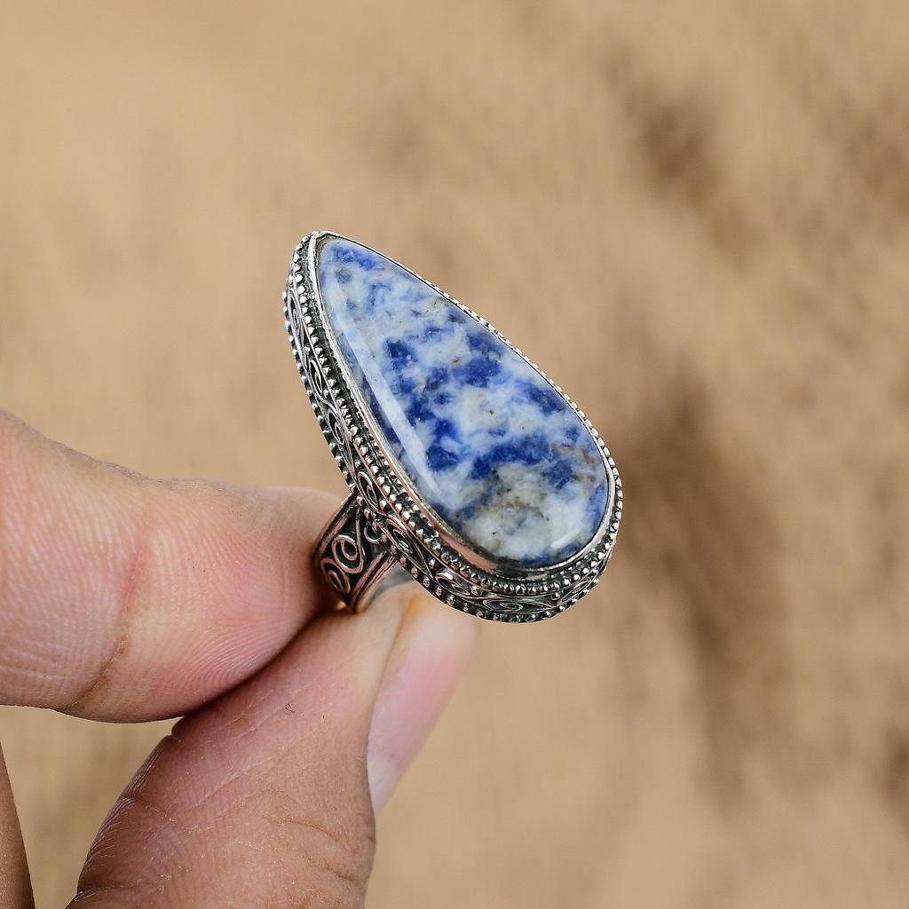 Natural Sodalite Sterling Silver Multi Stone Wedding Vintage Ring Jewelry Size 8
