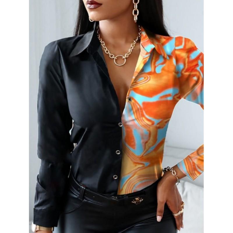 Women's Autumn Long Sleeved V-neck Color Blocked Retro Style Shirt, Loose and Elegant Casual Top
