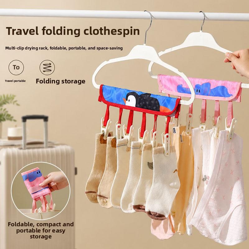 Travel Clothes Hanger with Folding Straps and Clips, Seamless and Anti-slip Inner Pants and Socks, Drying Fabric Clothes Rack