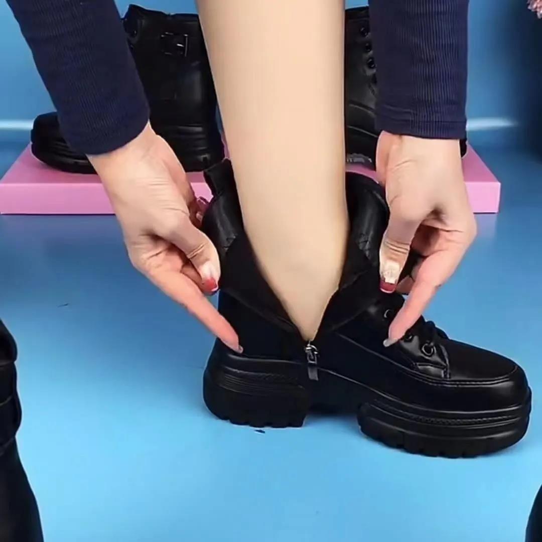 

Женские зимние ботинки из натуральной кожи с нескользящей подошвой, увеличивающие рост, на флисовой подкладке 35