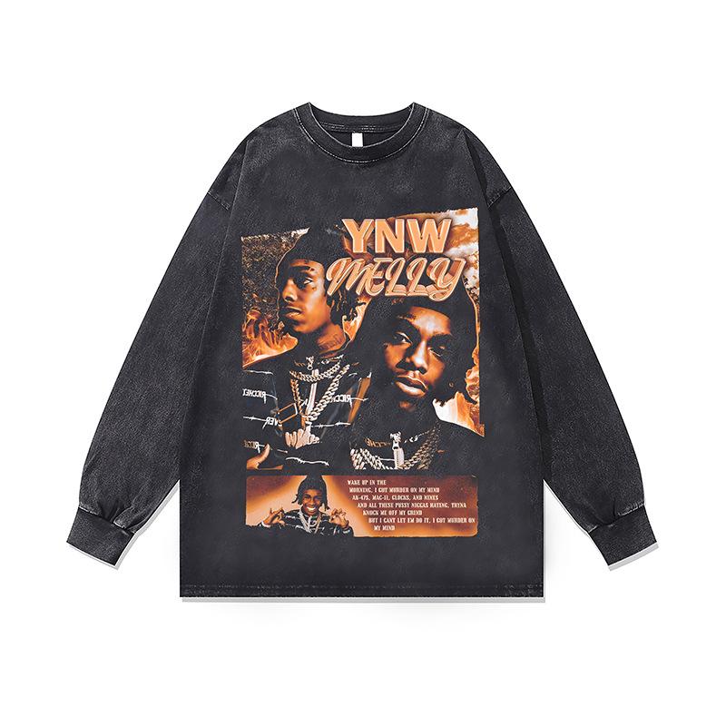 Hip Hop Rap Portrait Print Vintage Washed Long Sleeve T-Shirt Fall And Winter Loose Cotton Crew Neck Base Shirt For Men