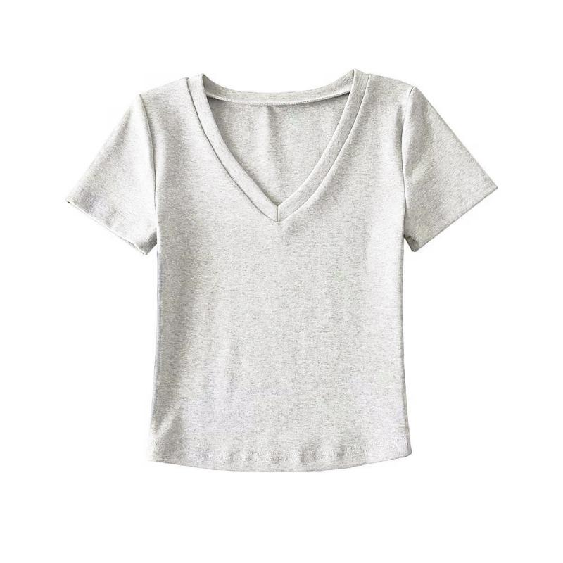 

Летняя приталенная хлопковая футболка с коротким рукавом, женская элегантная однотонная повседневная футболка с v-образным вырезом, женская мода, офисные женские простые белые футболки 24459 XL серый