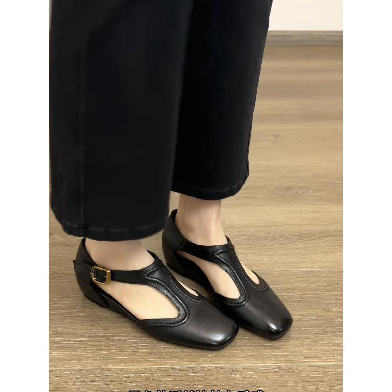 Sheepskin Inner Height Increase Retro Mary Jane Shoes Femininity French Side Empty Wedge Heel Bag Head Sandals Women's Shallow Mouth Single Shoes