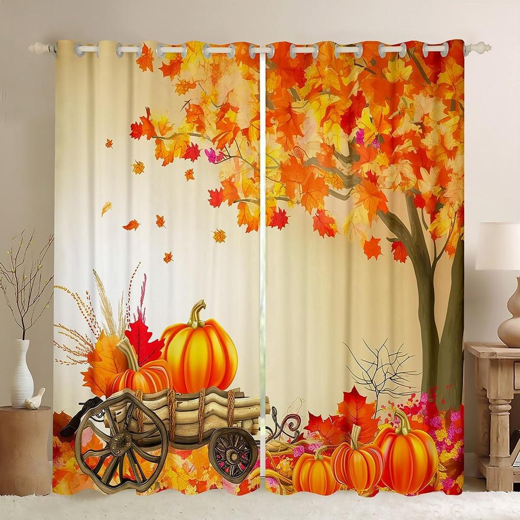 Herbst Kürbis Gardinen Vorhänge Halloween Thema Vorhänge Schlafzimmer Wohnzimmer Ahornblätter Festival Fensterdekorationen Polyester Waschbar Sitzfertig