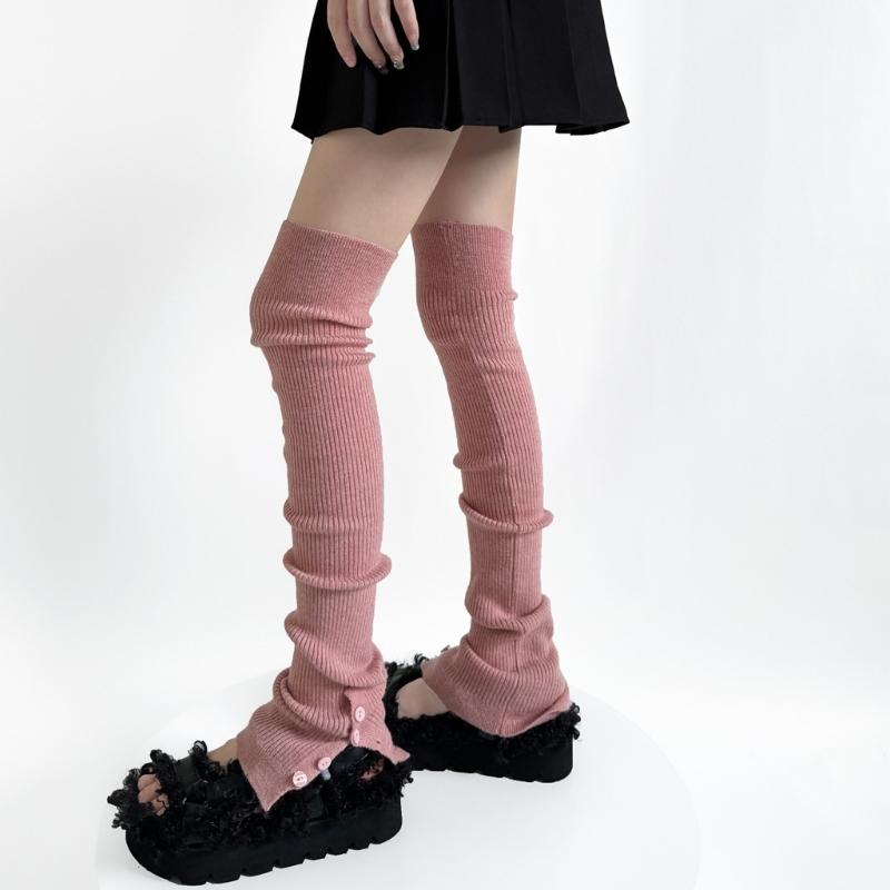 Japanese Ballet Styles Thigh High Leg Warmer Ribbed Knitted Split Buttons Over Knee Footless Socks for Fashionable Women