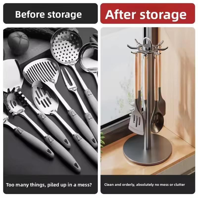 360° Rotating Kitchen Utensil Stand with 8 Hooks Countertop Cooking Utensils Storage Organizer Space-Saving Storage for Kitchen