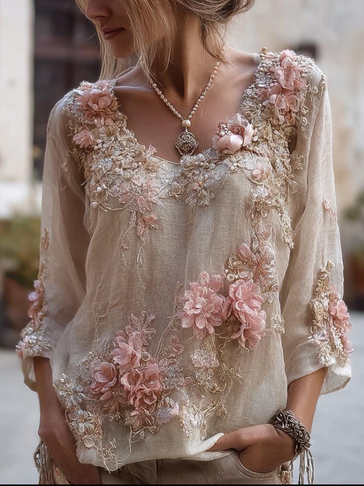 3D Floral Women's Round Neck T-Shirt - Hong Kong Style Fashion Top