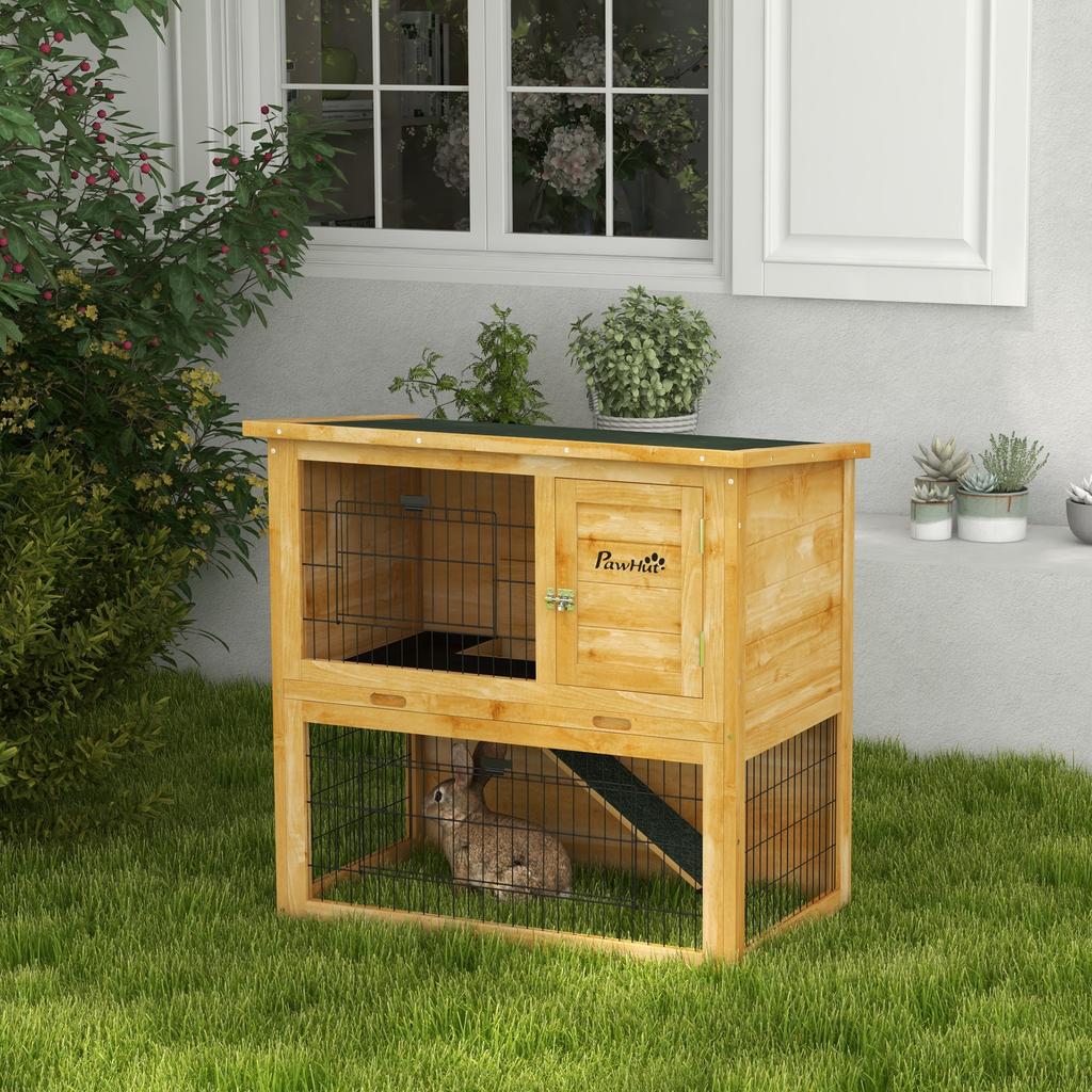 Houten Konijnenhok 2 Verdiepingen met 3 Deuren Uitschuifbare Lade Hellingbaan Asfalt Dak 85 x 50 x 80 cm Geel
