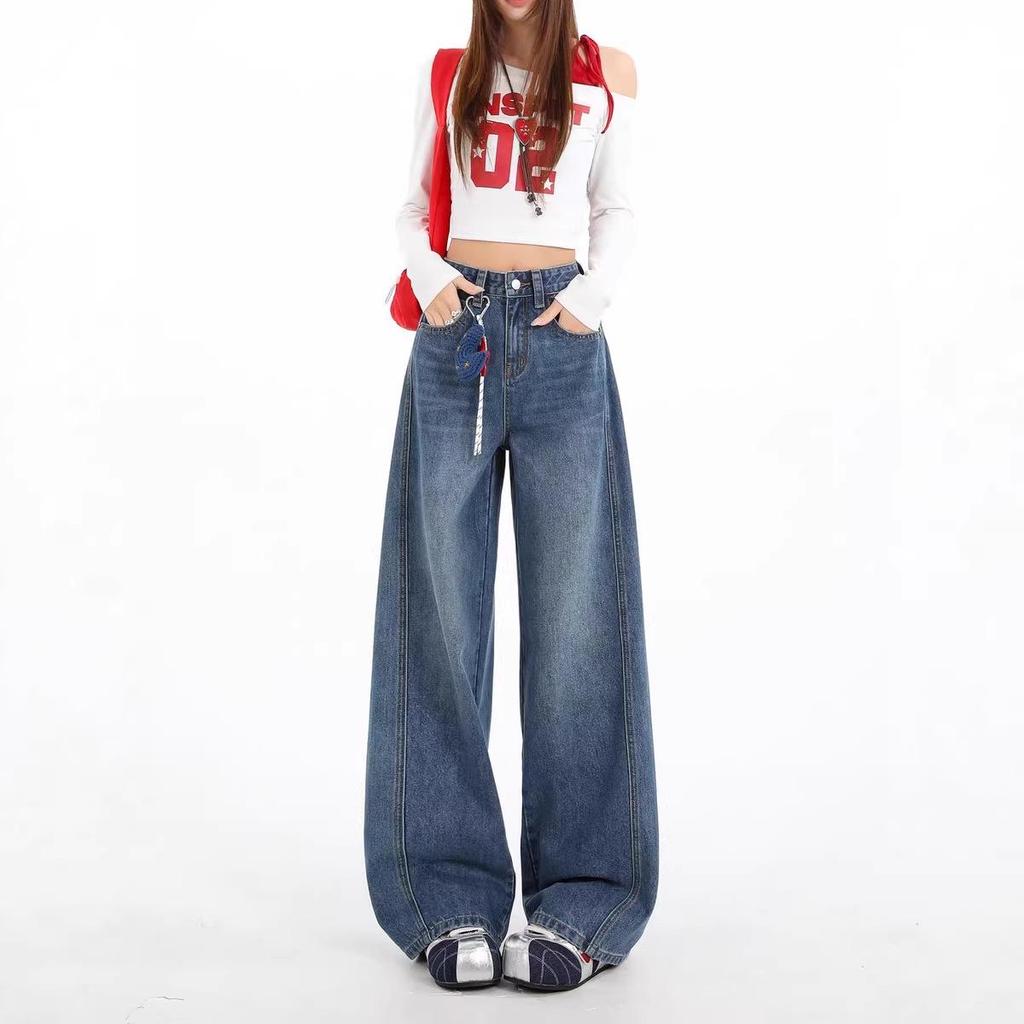 2026 Retro American Wide-Leg Curved Jeans: New Floor-Length Loose Straight-Leg Style for Spring & Autumn