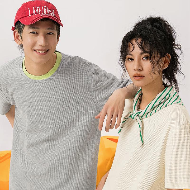 MINISO Men's Waffle Knit Short Sleeve T-Shirt with Cat Coffee Logo