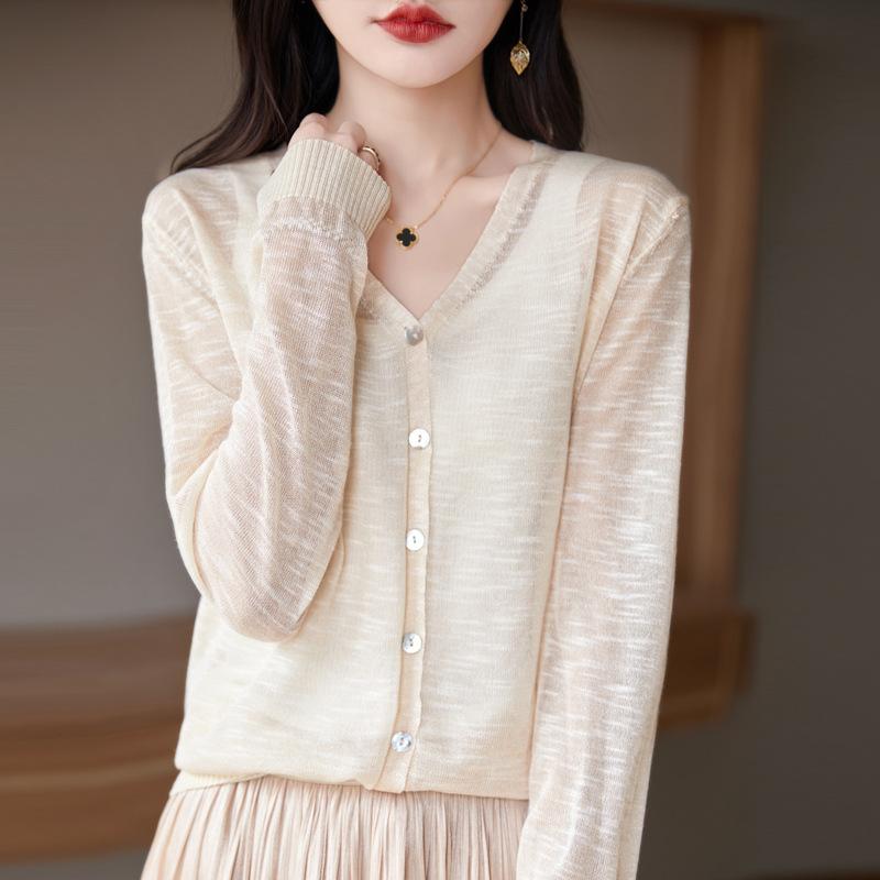 Bamboo Joint Cotton V-neck Cardigan for Women for Summer Sweater Thin Loose and Versatile Sun Protection Simple and Atmospheric Top Jacket