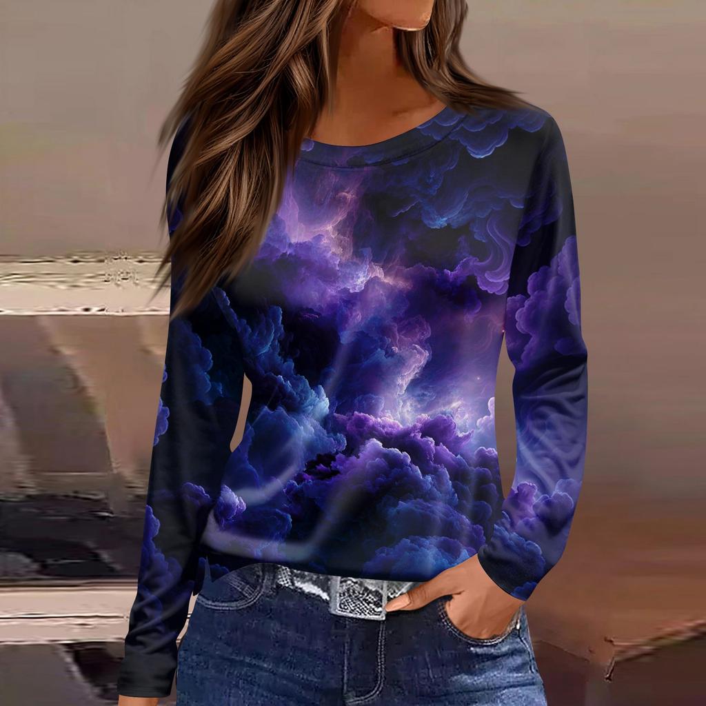 Women's Fashion Casual Slit Hem Round Neck Long Sleeve Loose Printed T,Shirt Ladies Top