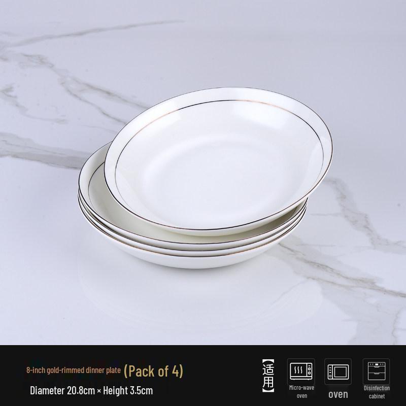Ceramic Gold Rim Bone China Tableware Set - Microwave Safe Deep Plate, Rice Bowl for Home and Hotel Use.