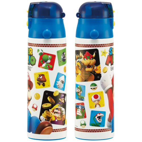 Skater Kids' Stainless Steel Water Bottle, 2-Way Design, 580ml (Direct Drinking) or 570ml (Cup Drinking), Super Mario 23 Design, Kid-Friendly and Ligh