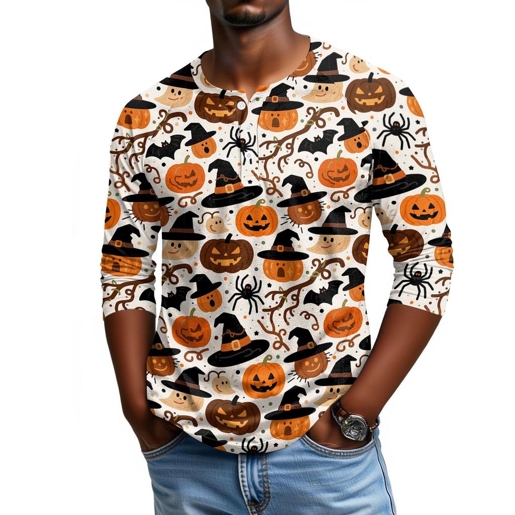 Men Casual Halloween Print Henley Shirt Raglan Sleeve Three Quarter Length Button Front Top for Fall Seasonal Wear