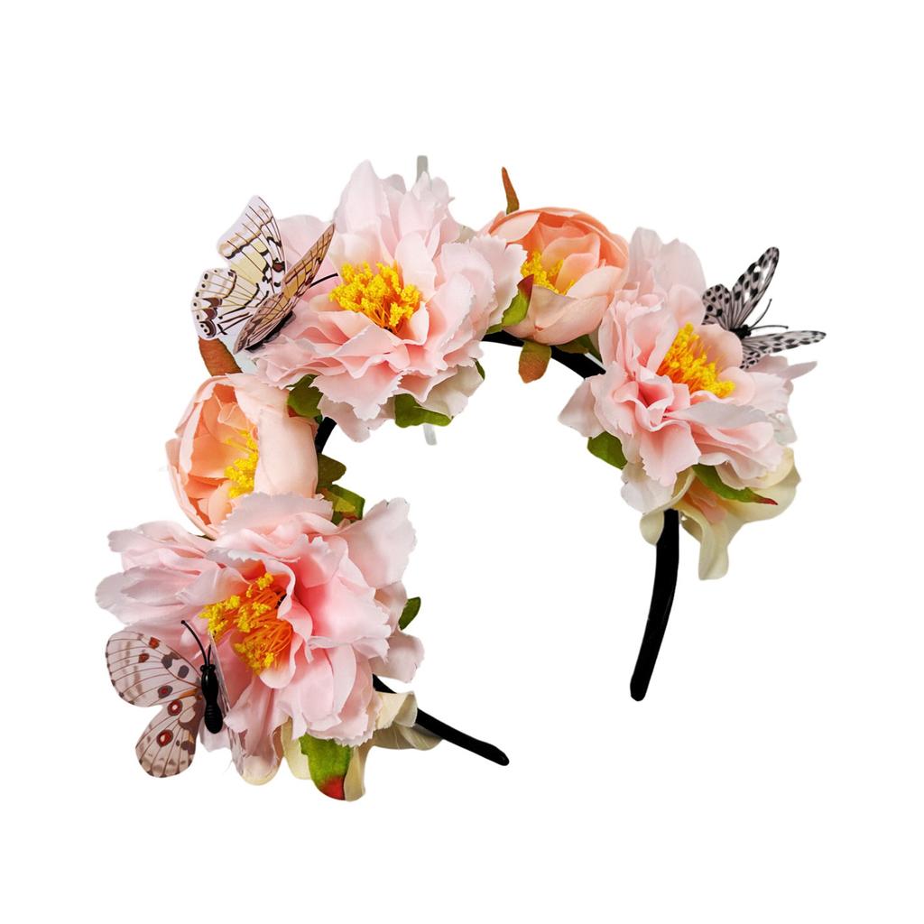 Fabric Flower Headband for Music Festival with Butterfly Decors Music Festival Accessory Hairhoop Wedding Bride Headwear