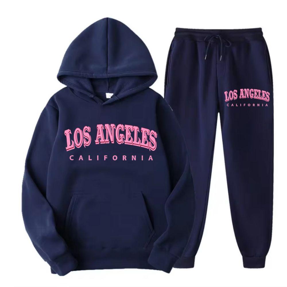 Two Piece Set Street Womens Hoodie & Pants Fleece Pocket Loose Pullover Los Angeles California Print Clothes