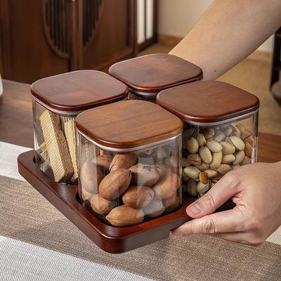 Quality Glass Sealed Canister Kitchen Food Storage Bottles with Walnut Wood Lid Jars Grains Tea Leaf Coffee Beans Candy Jar