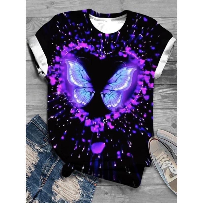 Summer Round Neck Flower Butterfly Pattern 3D Print Top Fashionable Casual Short Sleeved Women's T-shirts