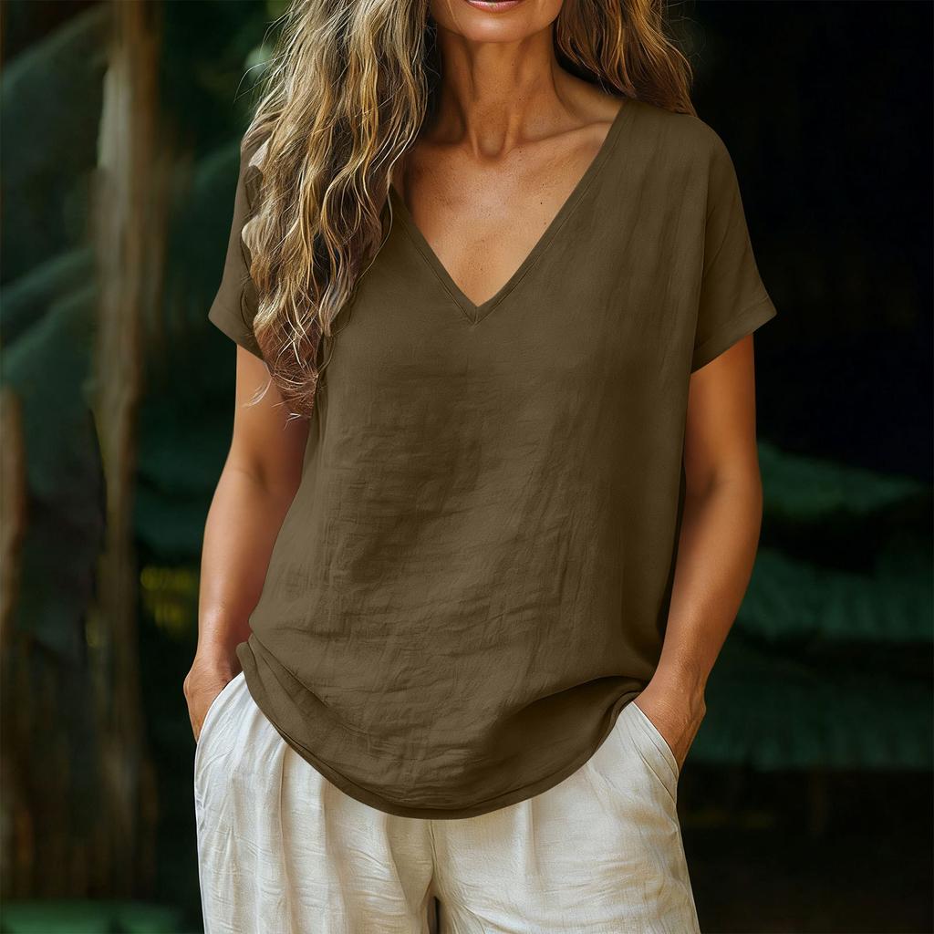 Women's Relaxed-Fit Fashion Cotton-Linen Blend Short-Sleeve V-Neck Pullover Top