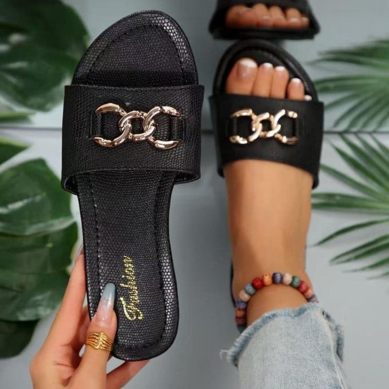 Large size 3 summer new lazy outer wear flat-bottomed slippers women's fashion metal buckle flip-flops versatile