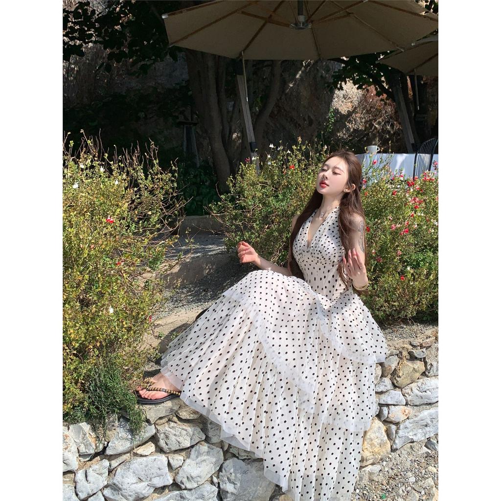 Vestido de lunares estilo francés sin espalda con cuello halter para mujer, primavera, adelgazante, línea A, falda de tarta