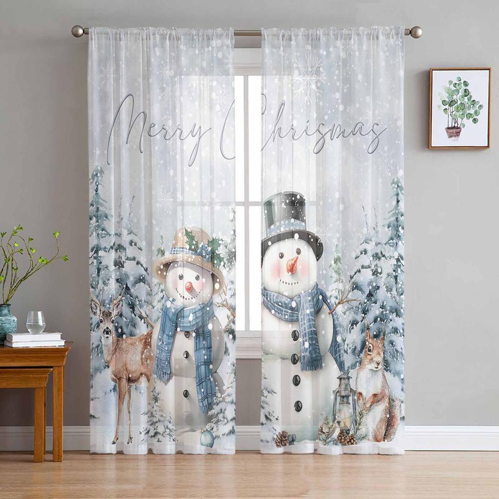Christmas Snowman Tree Elk Squirrel Curtains For Living Room Tulle Window Curtain Bedroom Kitchen Veil Drapes