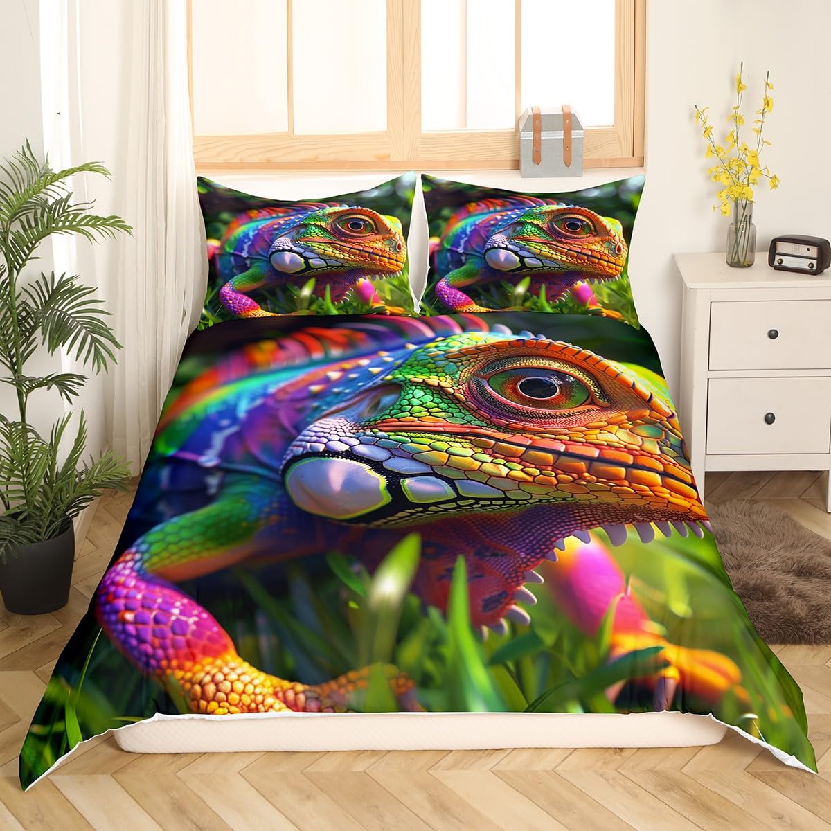 

Chameleon Duvet Cover Sets for Teens Queen King Size Lightweight Down Quilt Cover Set Animal Pattern Bedroom Decor No Comforter EU Single(135x200cm)