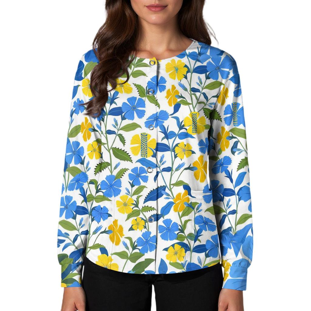 Women's Casual Long Sleeve Single Breasted Hawaiian Print Caregiver Jacket Cardigan Top Lightweight Button Up Shirt for Work