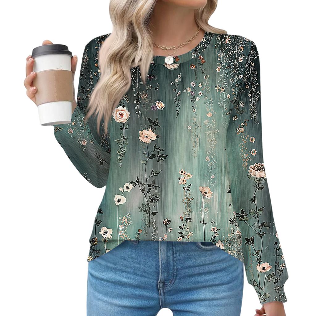 Women's Fashionable Casual Floral Retro Print Pleated Comfortable Round Neck Loose Long Sleeve T-shirt Top