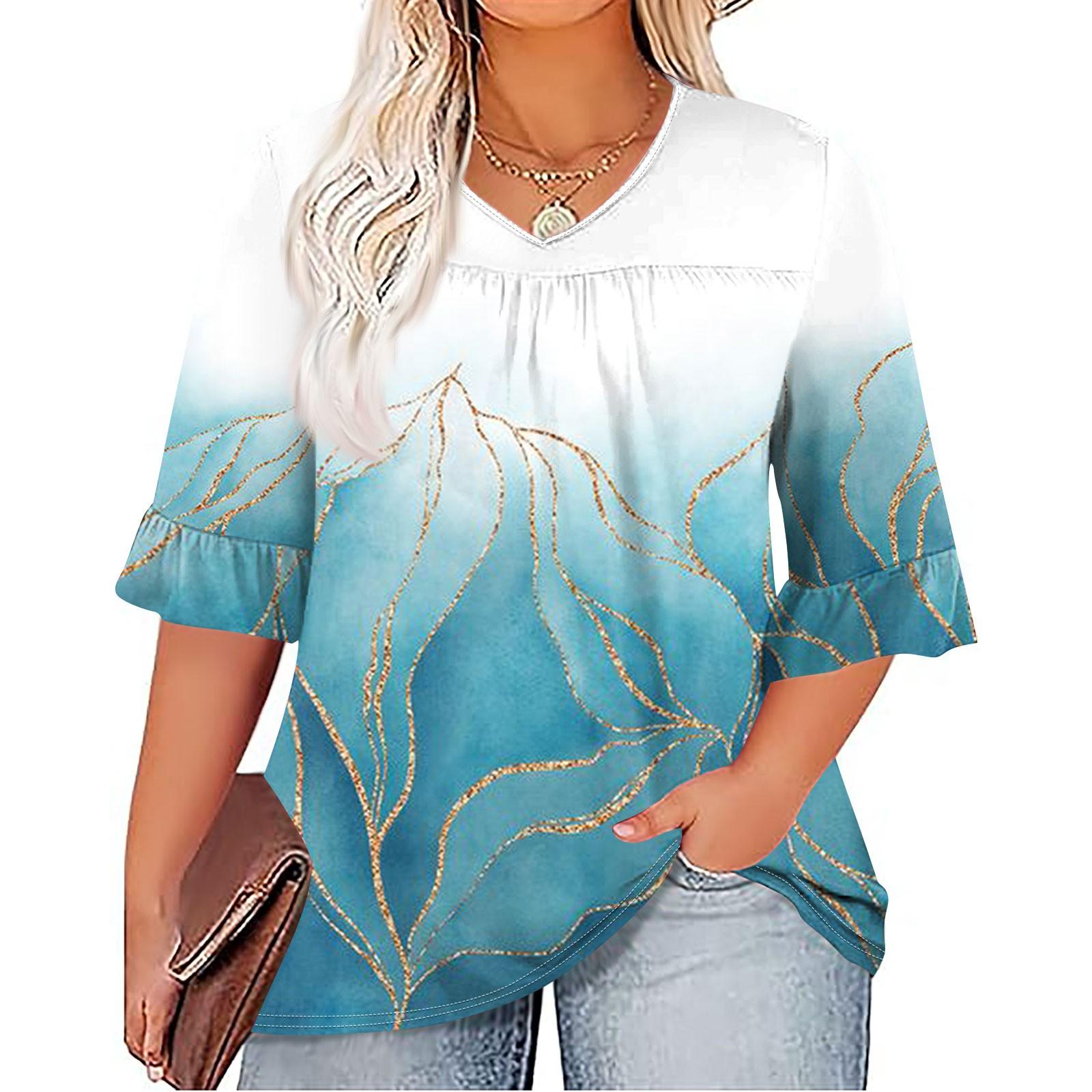 

Женская мода, повседневная плиссированная футболка с v-образным вырезом и принтом, семиминутная футболка с рюшами и рукавами, топы больших размеров XL небесно-голубой