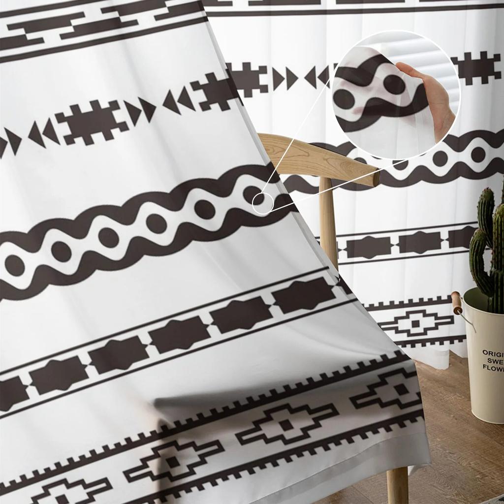 Tribe Ethnic Black Geometrické postavy Tyl Závesy do obývačky Kuchyňa Spálňa Priesvitný tyl pre kaviareň Hotel Moderná výzdoba domova