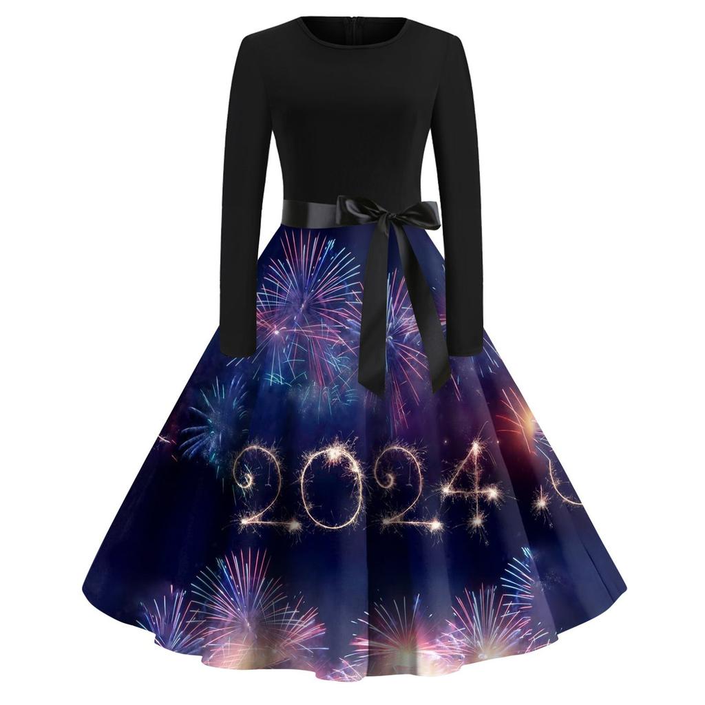 Women's Vintage Classic Dress Long Sleeve 2024 New Year Printed Ound Neck Swing Dress