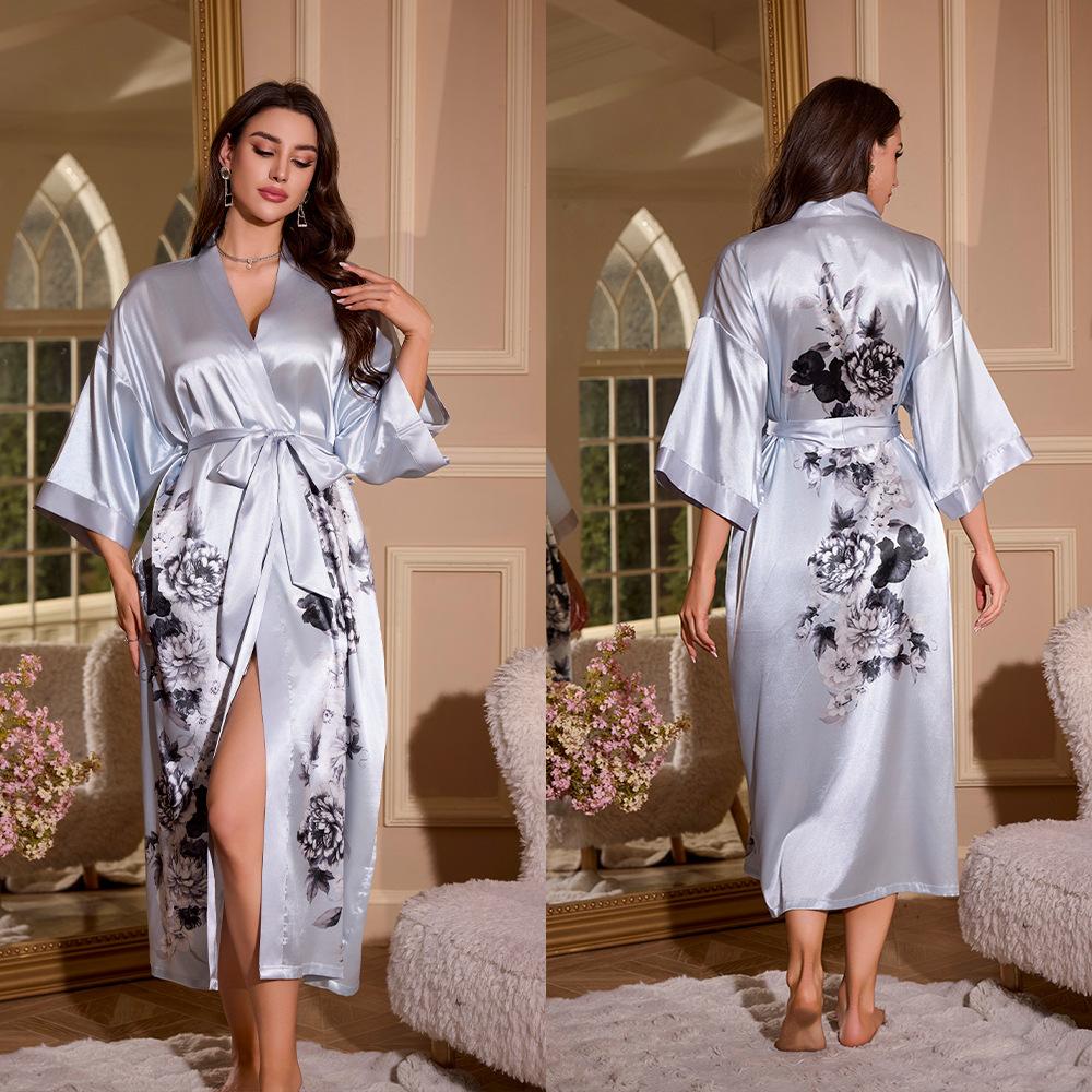 Female Long Robe Loungewear Elegant Chinese Style Kimono Bathrobe Gown Negligee New Silky Satin Sleepwear Nightgown Loose Pajama