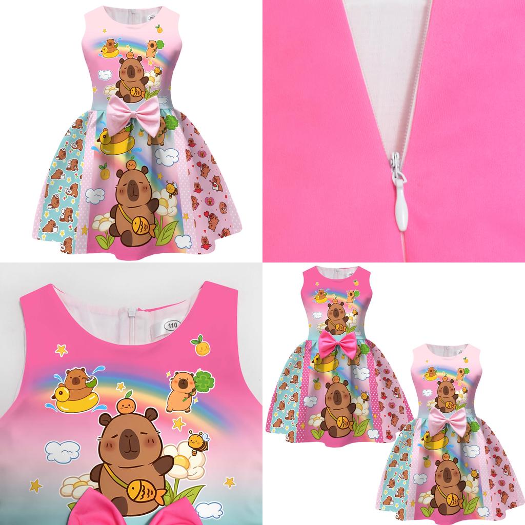 Vestito per Bambina Cartoon Capibara con Gonna Pieghettata in Misto Cotone per Età da 3 a 8 Anni