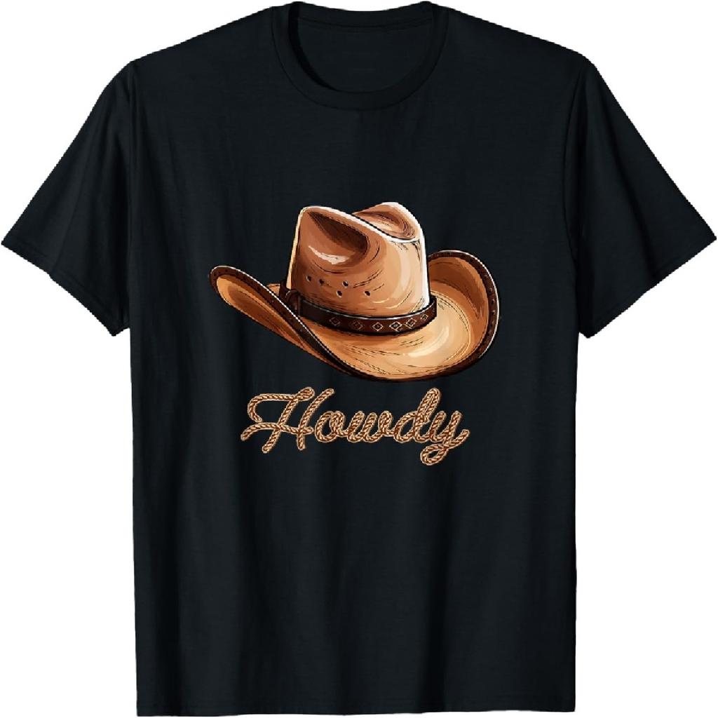 Howdy Cowboy Hat Black Unisex T-Shirt, Western Crew Neck Short Sleeve Classic Fit, Casual, Letter Print, Cowboy, Small