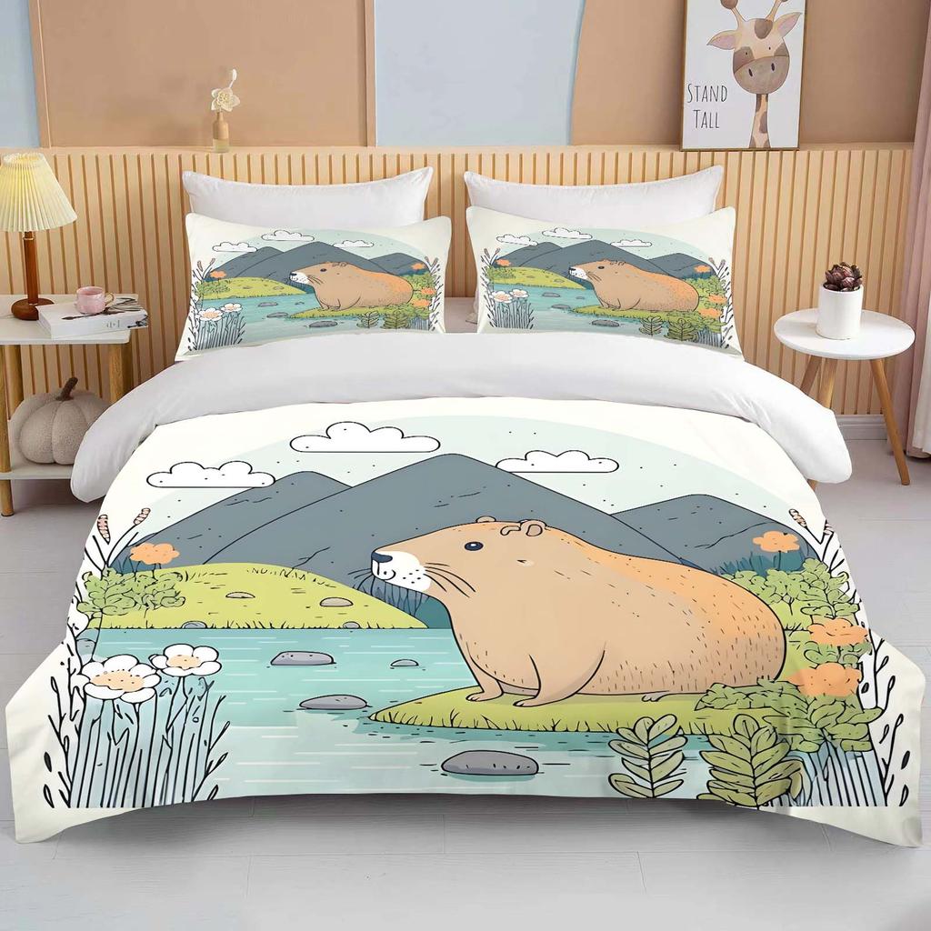 Funny Capybara Printed Bedding Set 1 Quilt Cover 2 Pillowcases Surprise Bedding For Boys And Girls Multiple Sizes Fast Shipping