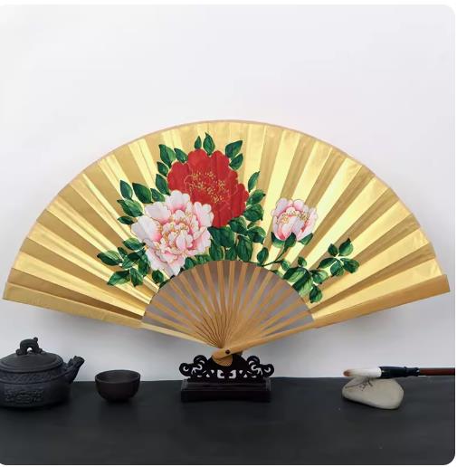 

Складной веер из нефрита и бамбука, двухсторонний, расписанный вручную, с изображением пиона, 9,5-дюймовый, грязно-золотой, бумажный веер в китайском стиле, для мужчин
