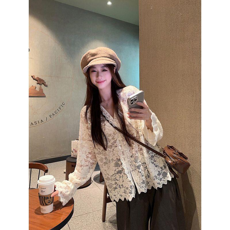 Kumikumi Gentle Stylish Bell Sleeve Lace Shirt Women's Autumn Thin Loose Slim Looking Creamy-white Tops