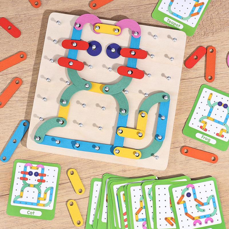 Montessori Kids DIY Puzzle Creative Toy Geometry Graphics Rubber Nail Boards with Cards Math Educational Toys for Children