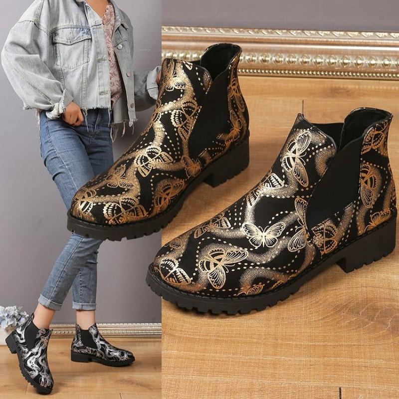 Large size printed Martin boots for women's autumn and winter new style one-pedal Chelsea boots for women