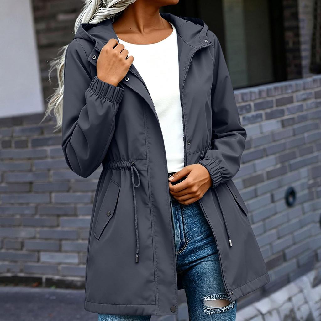 Damen Kapuzenjacke Mittellang Lässiger Lockerer Schnitt Windbreaker Mantel mit Verstellbarem Bundzug und Druckknopfleiste vorne