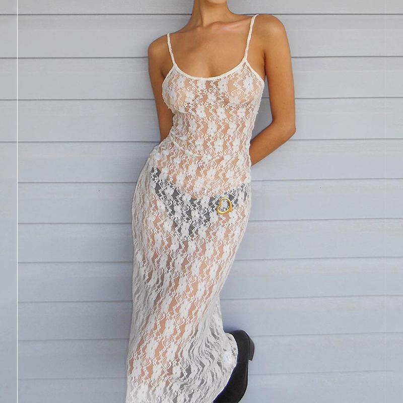 European and American Women's Summer Plum Blossom Mesh Suspender Sexy Backless Temperament Long Skirt Dress for Women
