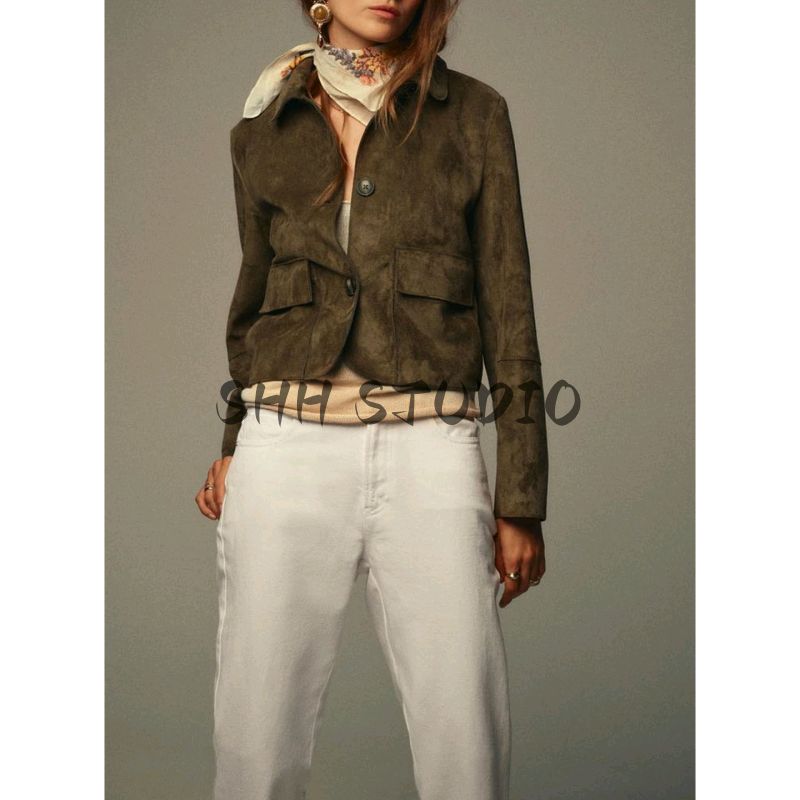 Fall New Women's Clothing American Lapel Long Sleeves Pu Suede Effect Short Jacket 4968224