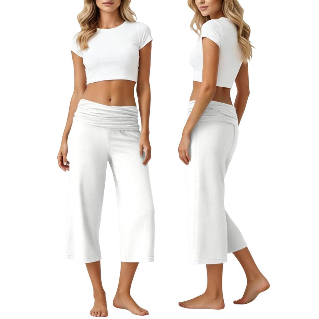 Womens Fold Over Cropped Pants Flared Bottom Fold Over Sweatpants Low Yoga Strechy Casual Wide Leg Sweatpant